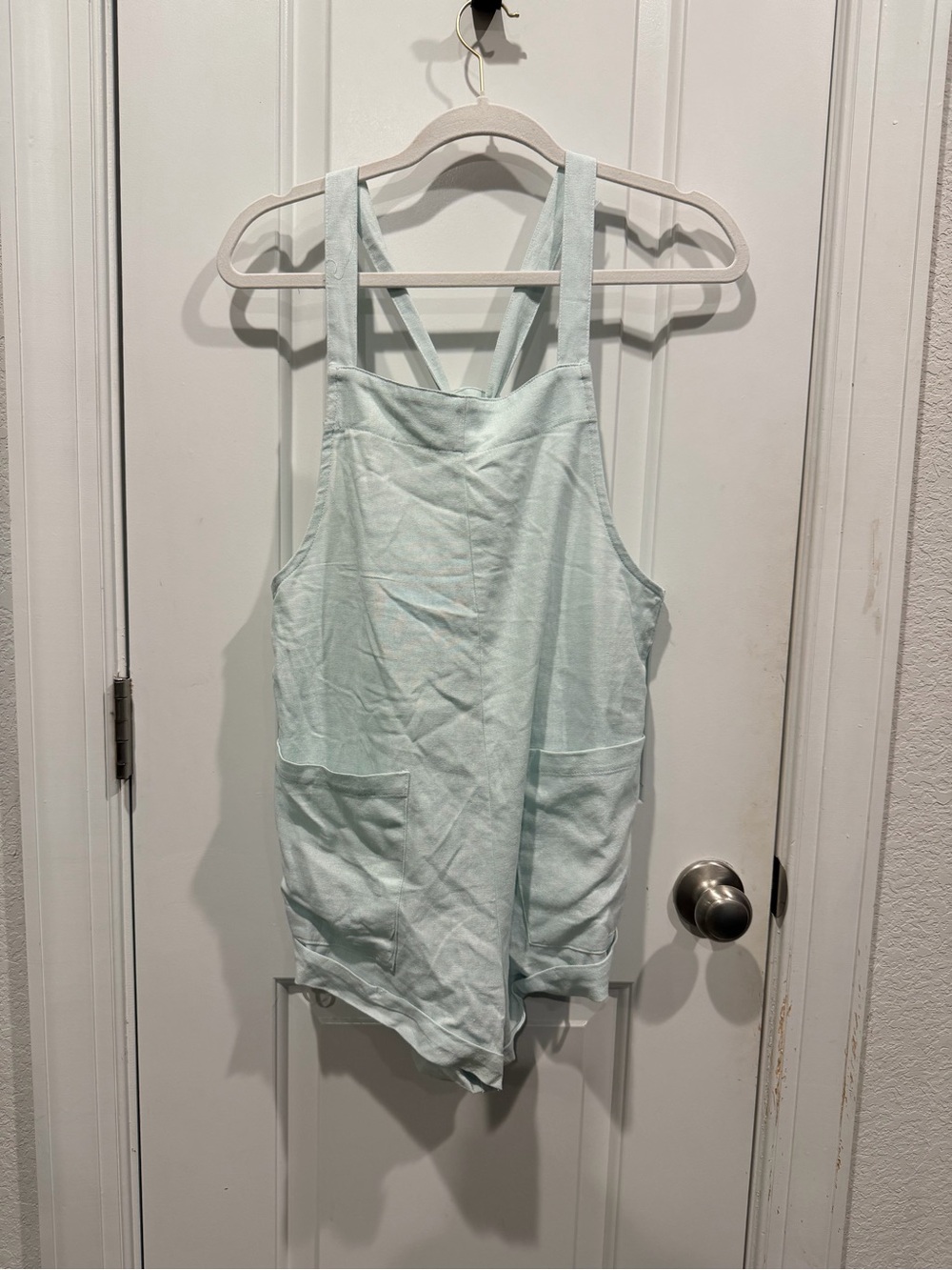 Vanilla Star Mint Linen Blend Tie Back Short Overalls Romper Medium